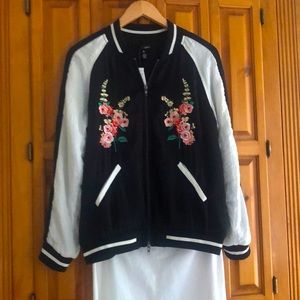 Embroidered baseball style jacket. White/black w/ gorgeous floral embroidery